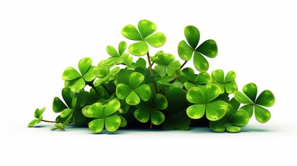 Wall Mural - A bunch of green clovers are growing on a white background. The clovers are all different sizes and are scattered throughout the image