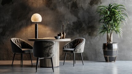 Wall Mural - A modern living room with a black table and four black chairs. A potted plant is on the right side of the room