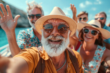 A group of people are smiling and posing for a picture on a beach. a group of retired people enjoying their holidays in sunny weather, looking at the camera and waving