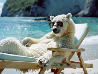 Wall Mural - A polar bear is laying on a beach chair, wearing sunglasses and a hat. The scene is relaxed and carefree, with the bear enjoying a day at the beach