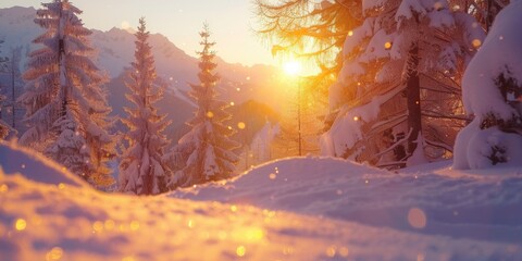 Wall Mural - A snowy landscape with a bright orange sun in the sky. The sun is shining on the snow, creating a beautiful and serene atmosphere. The trees in the background are bare, but the snow-covered ground