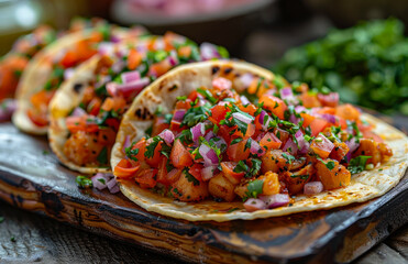Mexican tacos with shrimps salsa and cilantro on wooden board
