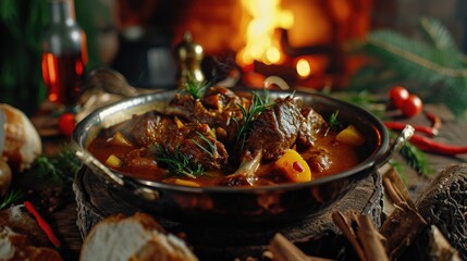 Sticker - A large bowl of meat and potatoes with a sprig of parsley on top. The bowl is on a wooden table with a fire in the background