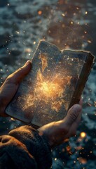 A pair of hands holds an old book, glowing with magical energy, over a shimmering body of water.