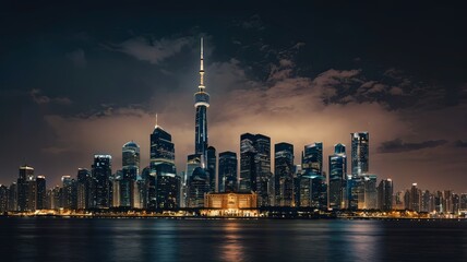 Wall Mural - Aerial view of peaceful cityscape before sunrise. Smart city and abstract dot point connect with gradient line and aesthetic Intricate wave line design , big data connection technology concept .