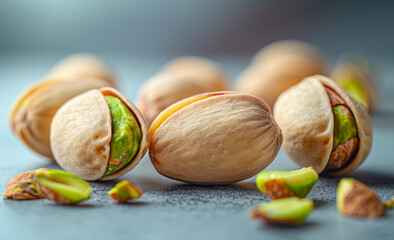 Wall Mural - Pistachio nuts on table on gray background