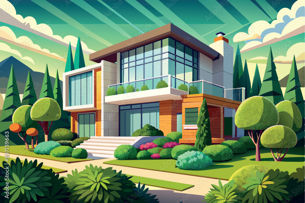 A modern house with large windows and a flat roof, surrounded by ...