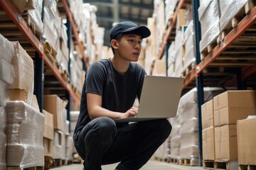 A man is sitting on the floor in a warehouse, looking at a laptop. He is wearing a black shirt and a hat. The warehouse is filled with boxes and pallets, and the man is working on a project or task
