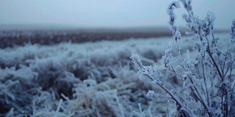 Wall Mural - A field of snow covered grass with a frosty branch. The image has a serene and peaceful mood