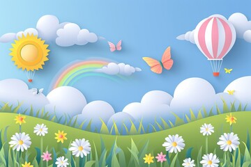 Wall Mural - A colorful scene of a rainbow, butterflies, and a hot air balloon flying in the sky. Scene is cheerful and playful, with the bright colors and whimsical elements creating a sense of joy and wonder