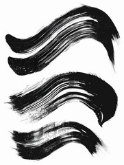 Wall Mural - Three brush strokes in black paint on a white background. The brush strokes are long and wavy, creating a sense of movement and energy. Scene is dynamic and expressive