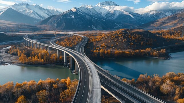 A majestic highway winding through a mountainous landscape, featuring cutting-edge design and eco-friendly materials, emphasizing modern engineering marvels. --ar 16:9 --style raw 