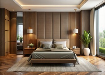 Wall Mural - Modern bedroom interior in brown color, modern, bedroom, interior, brown, color, contemporary, design, decor, furniture, cozy, minimalistic, stylish, trendy, elegant, comfort, luxury