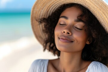 Wall Mural - a woman with a straw hat is smiling and looking at the camera. she has a relaxed and happy expressio