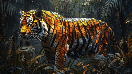 Wall Mural - A tiger is shown in a jungle setting, with the sun shining on it