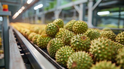 Durians being transported on a conveyor belt in a export plant