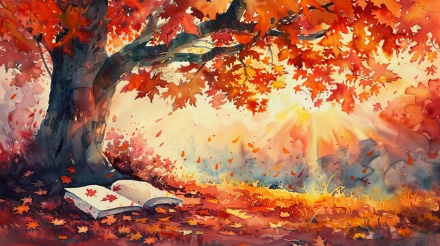 An open book lies beneath a vibrant autumn tree, bathed in warm sunlight. Falling leaves surround the book, creating a serene scene of peace and tranquility.
