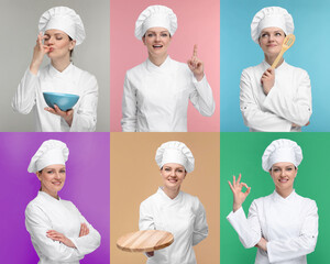 Wall Mural - Collage with photos of professional chef on different color backgrounds