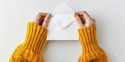 Wall Mural - A person is holding a white envelope with their right hand. The envelope is open and the person is looking at it. Concept of anticipation or curiosity