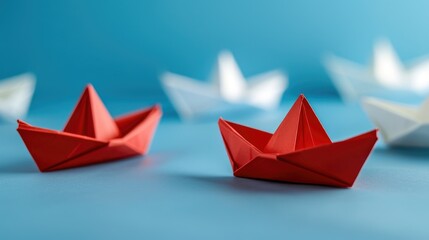 Sticker - Two red boats are on a blue background. The boats are made of paper and are placed next to each other