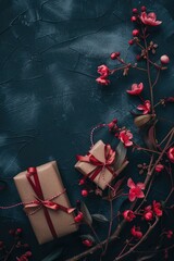 Wall Mural - A blue background with red flowers and two brown boxes with red ribbons on them