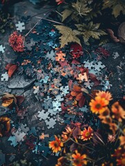 Poster - A jigsaw puzzle is scattered on the ground next to some flowers. The puzzle pieces are of various sizes and colors, and they are mixed with the fallen leaves and petals of the flowers