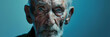 © john - sad old man with a beaten face and a black eye on blue background.