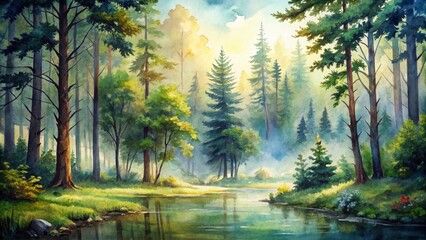 Wall Mural - Watercolor painting of a peaceful forest atmosphere, forest, trees, leaves, nature, watercolor, painting, tranquil, serene, woods, green, atmosphere, peaceful, scenery, outdoors, artistic