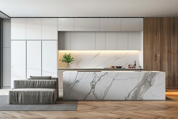 Wall Mural - A modern kitchen with a marble countertop and white cabinets. A vase of flowers sits on the counter