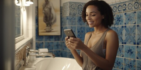 Wall Mural - A woman is looking at her phone in a bathroom. She is smiling and she is enjoying herself