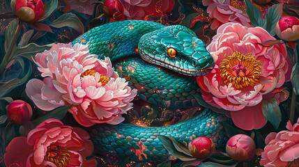 Poster - Around the emerald snake with golden eyes lie red peonies