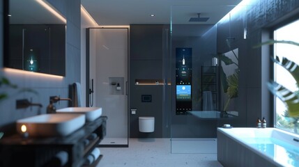 A smart bathroom with a touchless faucet, digital shower controls, and an integrated smart mirror displaying weather updates. --ar 16:9 --style raw Job ID: 3f9423cd-9164-4c9e-b7fd-81e7cf31a4c8