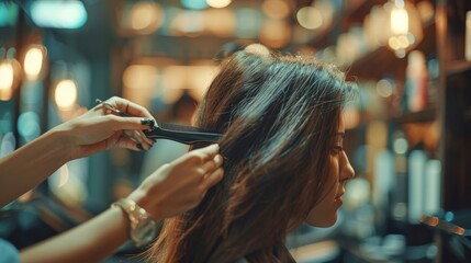 High-detail photo of a hairdresser trimming split ends in a fashionable salon