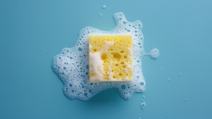 A clean kitchen sponge with soap suds on a blue background