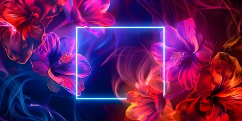 Wall Mural - abstract flowers illuminated with neon indigo light square on dark. Concept Abstract Art, Neon Lighting, Indigo Flowers, Dark Background, Square Composition,