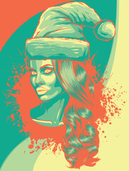 Poster - vector illustration of woman in makeup skull with christmas hat