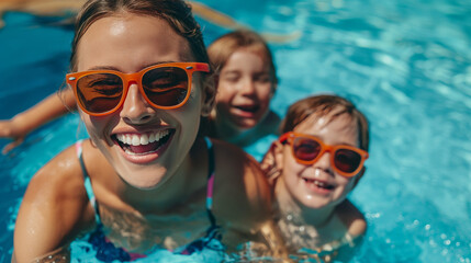 close up portrait of a happy mother with two children in sunglasses, family having fun together at a swimming pool on a summer vacation at a hotel resort