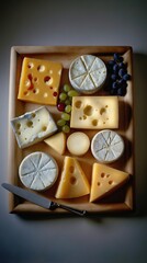 Canvas Print - AI-generated illustration of Assorted cheeses, fruits, and a knife in a box