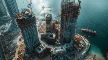 Wall Mural - An aerial view of NEOM under construction, with innovative building techniques and sustainable practices, highlighting its vision for the future. --ar 16:9 --style raw