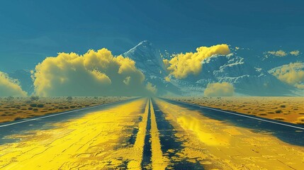 Wall Mural - futuristic hot yellow road stretching into distance ai generated surreal scifi landscape digital art concept