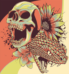 Wall Mural - vector illustration of skull with snake and flower