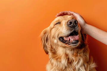 Wall Mural -  A happy dog being patted on the head, a plain flat orange background.