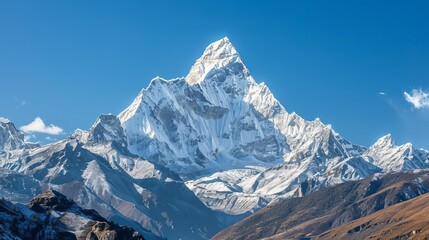 Wall Mural - majestic snowcovered high mountain peak against clear blue sky landscape photography