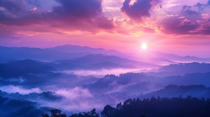 Wall Mural - majestic sunrise over misty mountains scenic landscape photography