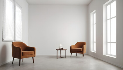 Spacious minimalist living room with two velvet armchairs, side table with lamp, large windows, and natural light for a contemporary home