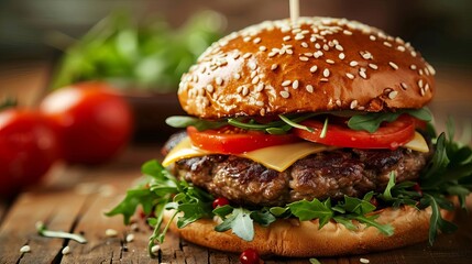 Wall Mural - mouthwatering grilled beef burger with fresh salad juicy tomato and melted cheese appetizing fast food photography