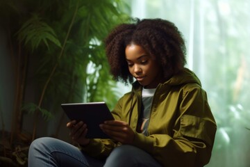 Wall Mural - Portrait of a Beautiful African American Woman Sitting and Using a Digital Tablet