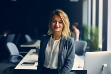 Sticker - Portrait Of Happy Business Woman Standing In The Office