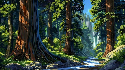 Wall Mural - scenic road trip through an ancient forest with towering trees and cascading streams a nature adventure concept illustration