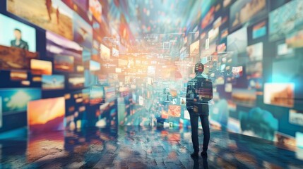 man standing amidst a futuristic digital interface, immersed in virtual information displays.